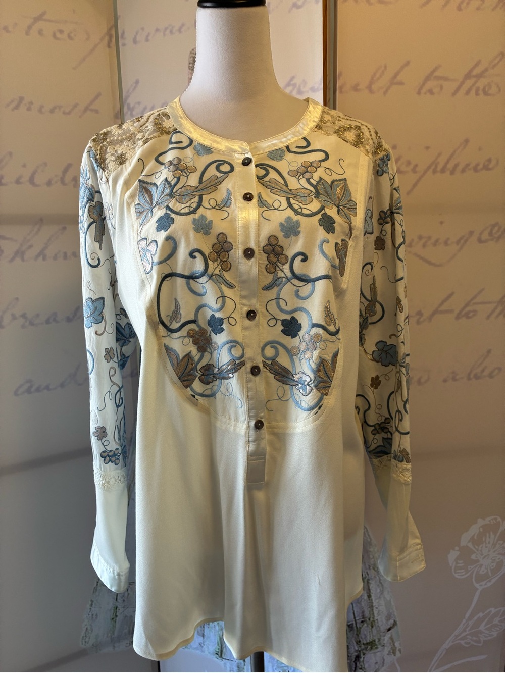 John Mark Cream Blouse with Blue and Taupe Floral Embroidery